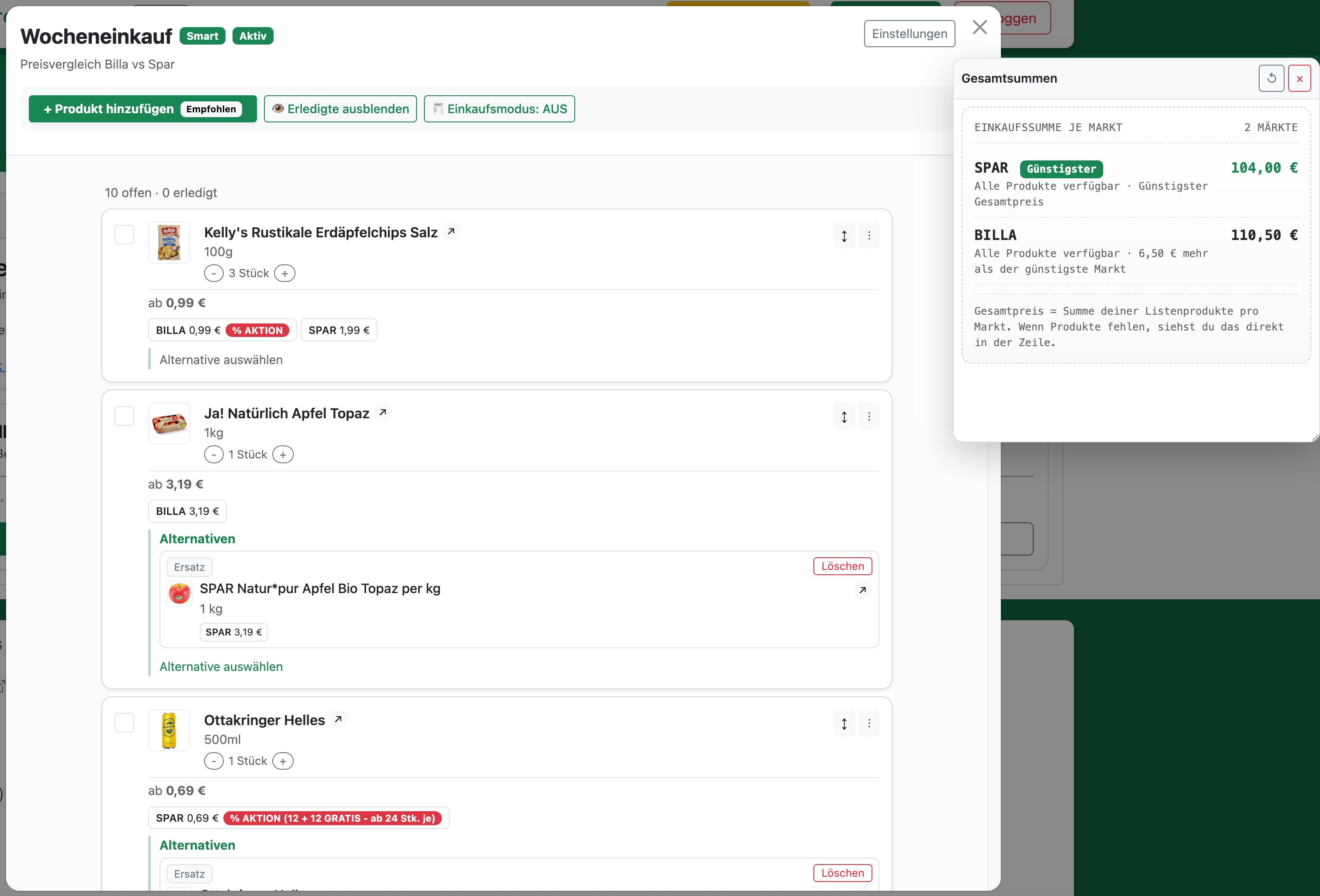 Screenshot der Preisrunter Einkaufsliste