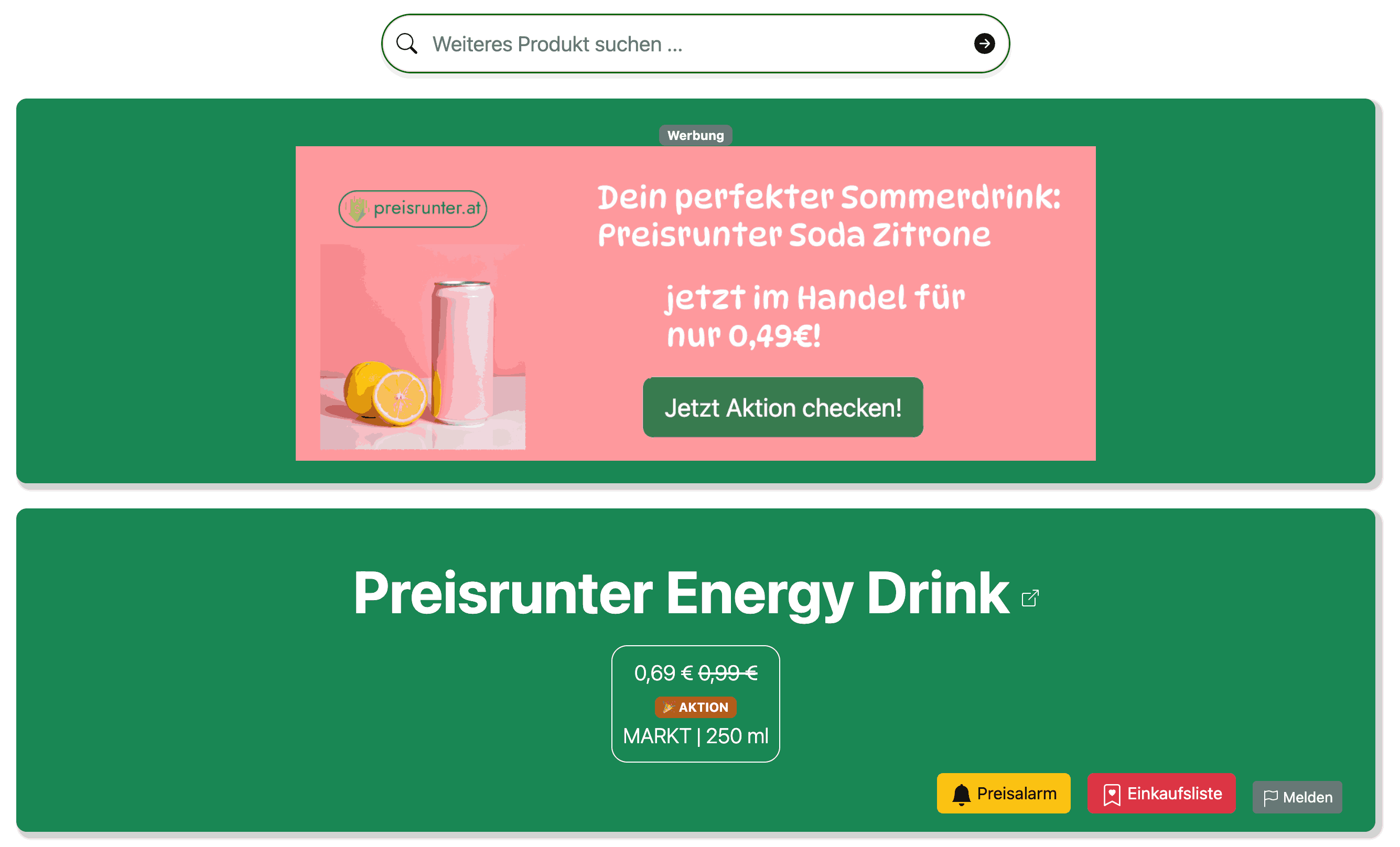 Screenshot Preisrunter Produktseite Werbung