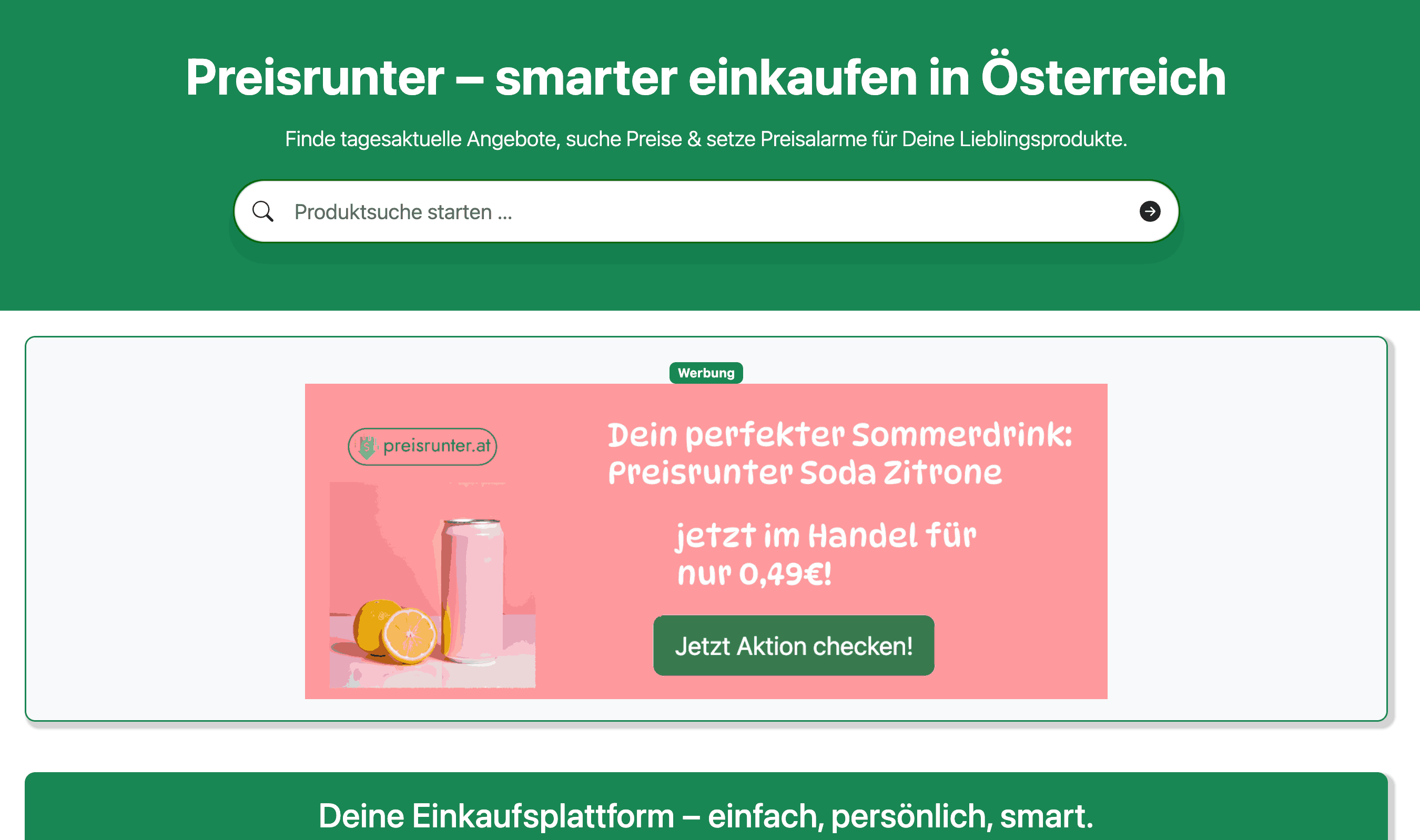 Screenshot Preisrunter Startseite Werbung