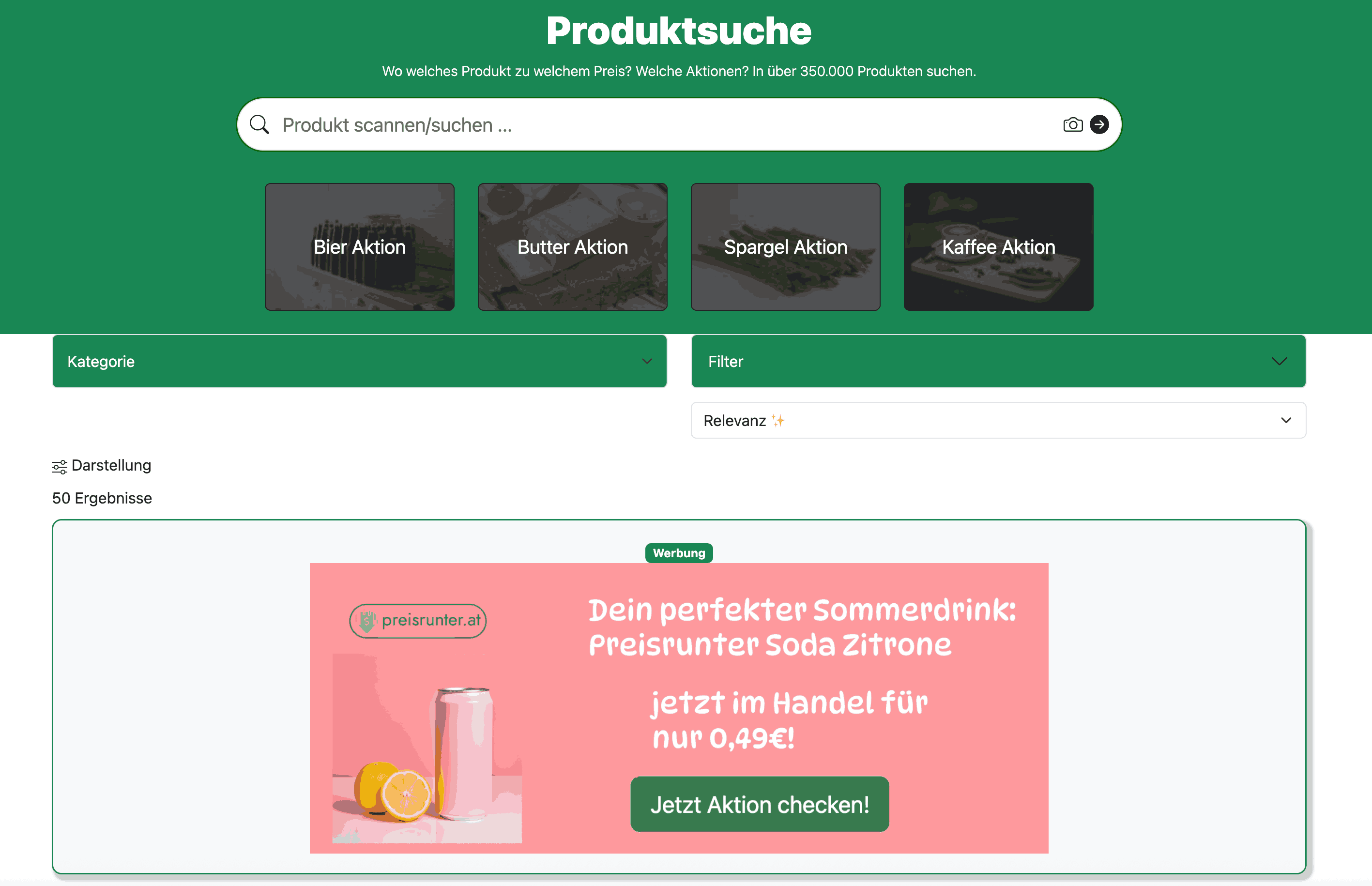 Screenshot Preisrunter Suchseite Werbung